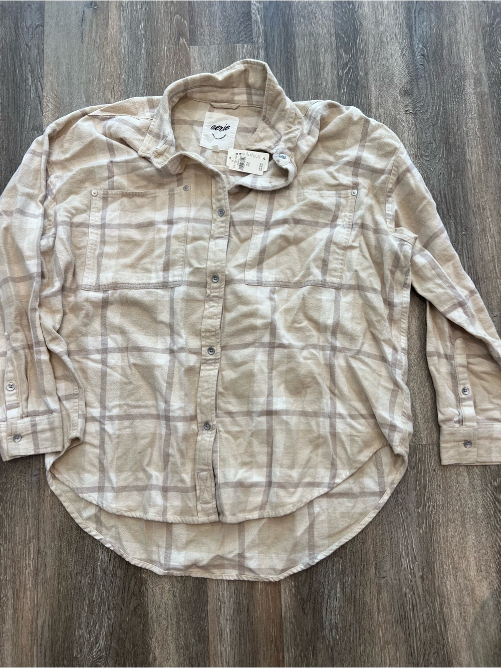 aerie Beige Plaid Long-Sleeve Button-Down Shirt